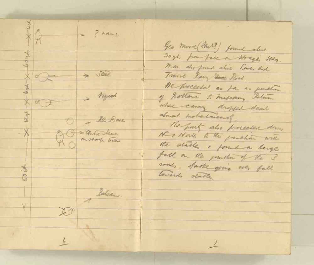 Notes made by the Inspector of Mines as he travelled around the devastated underground workings following the Senghenydd mine explosion on 14th October 1913 that killed 439 men. Courtesy of the National Coal Mining Museum for England [Notebook 1/2]