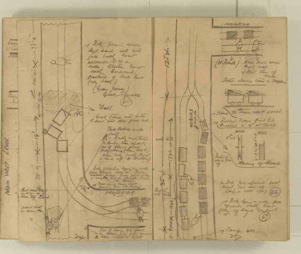 Notes made by the Inspector of Mines as he travelled around the devastated underground workings following the Senghenydd mine explosion on 14th October 1913 that killed 439 men. Courtesy of the National Coal Mining Museum for England [Notebook 1/2]