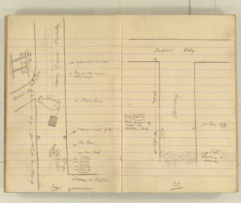 Notes made by the Inspector of Mines as he travelled around the devastated underground workings following the Senghenydd mine explosion on 14th October 1913 that killed 439 men. Courtesy of the National Coal Mining Museum for England [Notebook 1/2]