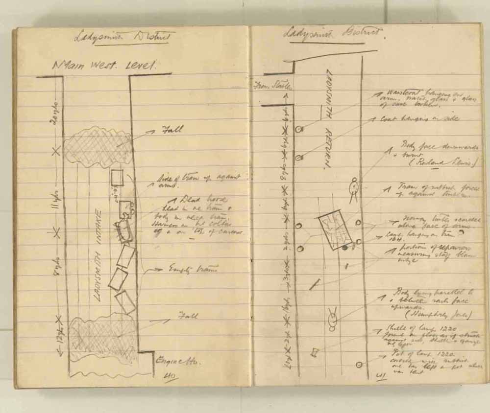 Notes made by the Inspector of Mines as he travelled around the devastated underground workings following the Senghenydd mine explosion on 14th October 1913 that killed 439 men. Courtesy of the National Coal Mining Museum for England [Notebook 1/2]