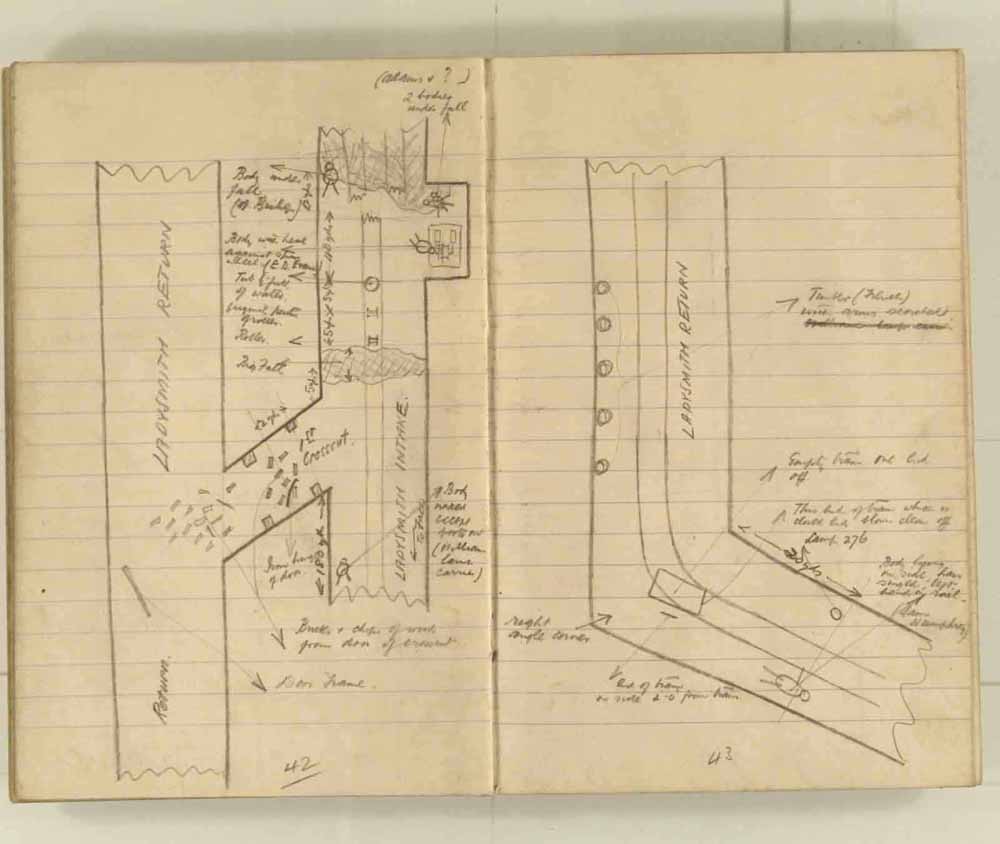 Notes made by the Inspector of Mines as he travelled around the devastated underground workings following the Senghenydd mine explosion on 14th October 1913 that killed 439 men. Courtesy of the National Coal Mining Museum for England [Notebook 1/2]