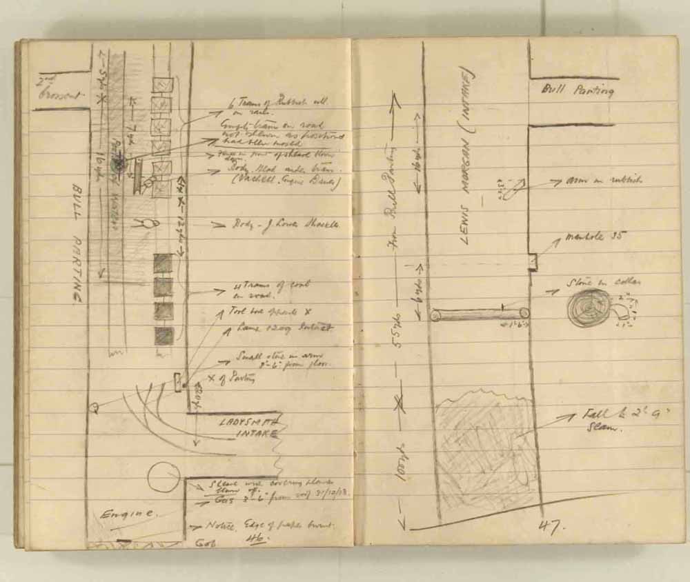 Notes made by the Inspector of Mines as he travelled around the devastated underground workings following the Senghenydd mine explosion on 14th October 1913 that killed 439 men. Courtesy of the National Coal Mining Museum for England [Notebook 1/2]