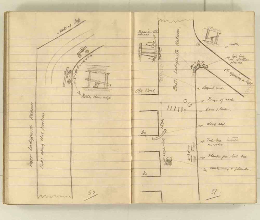 Notes made by the Inspector of Mines as he travelled around the devastated underground workings following the Senghenydd mine explosion on 14th October 1913 that killed 439 men. Courtesy of the National Coal Mining Museum for England [Notebook 1/2]