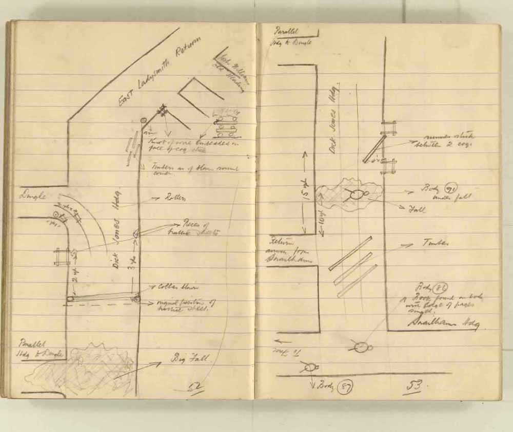 Notes made by the Inspector of Mines as he travelled around the devastated underground workings following the Senghenydd mine explosion on 14th October 1913 that killed 439 men. Courtesy of the National Coal Mining Museum for England [Notebook 1/2]