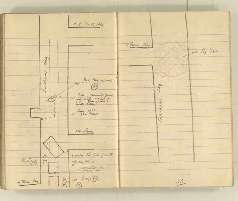 Notes made by the Inspector of Mines as he travelled around the devastated underground workings following the Senghenydd mine explosion on 14th October 1913 that killed 439 men. Courtesy of the National Coal Mining Museum for England [Notebook 1/2]