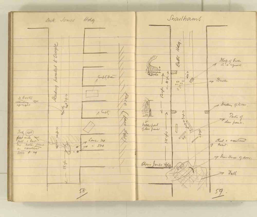 Notes made by the Inspector of Mines as he travelled around the devastated underground workings following the Senghenydd mine explosion on 14th October 1913 that killed 439 men. Courtesy of the National Coal Mining Museum for England [Notebook 1/2]