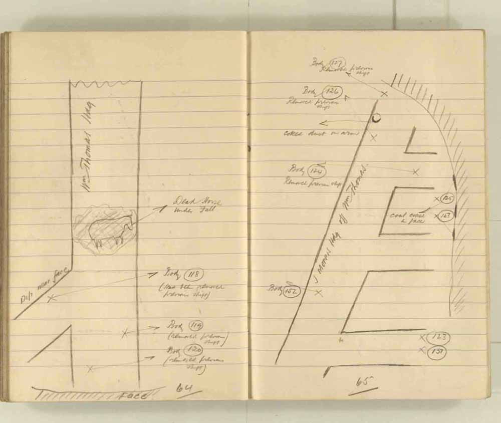 Notes made by the Inspector of Mines as he travelled around the devastated underground workings following the Senghenydd mine explosion on 14th October 1913 that killed 439 men. Courtesy of the National Coal Mining Museum for England [Notebook 1/2]