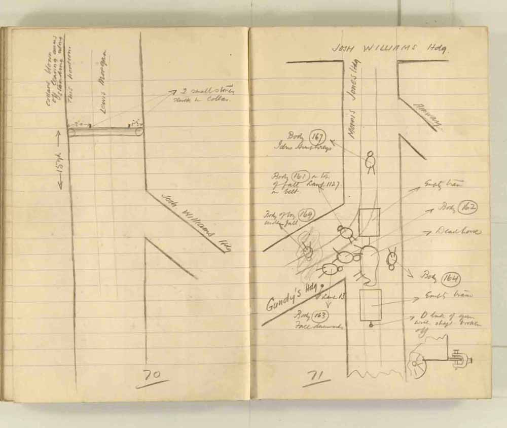 Notes made by the Inspector of Mines as he travelled around the devastated underground workings following the Senghenydd mine explosion on 14th October 1913 that killed 439 men. Courtesy of the National Coal Mining Museum for England [Notebook 1/2]