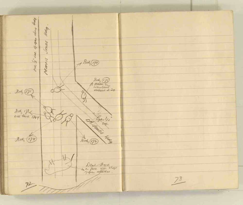 Notes made by the Inspector of Mines as he travelled around the devastated underground workings following the Senghenydd mine explosion on 14th October 1913 that killed 439 men. Courtesy of the National Coal Mining Museum for England [Notebook 1/2]