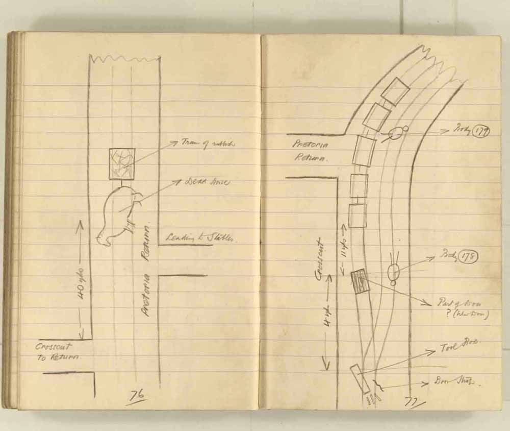 Notes made by the Inspector of Mines as he travelled around the devastated underground workings following the Senghenydd mine explosion on 14th October 1913 that killed 439 men. Courtesy of the National Coal Mining Museum for England [Notebook 1/2]