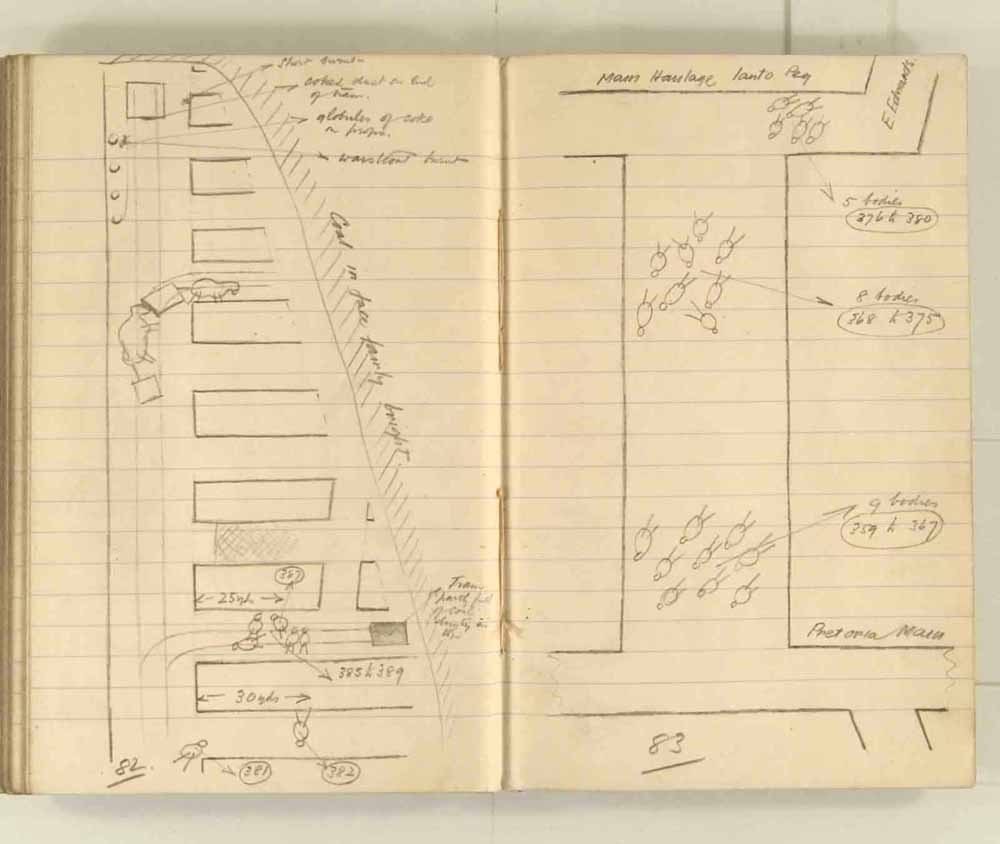 Notes made by the Inspector of Mines as he travelled around the devastated underground workings following the Senghenydd mine explosion on 14th October 1913 that killed 439 men. Courtesy of the National Coal Mining Museum for England [Notebook 1/2]