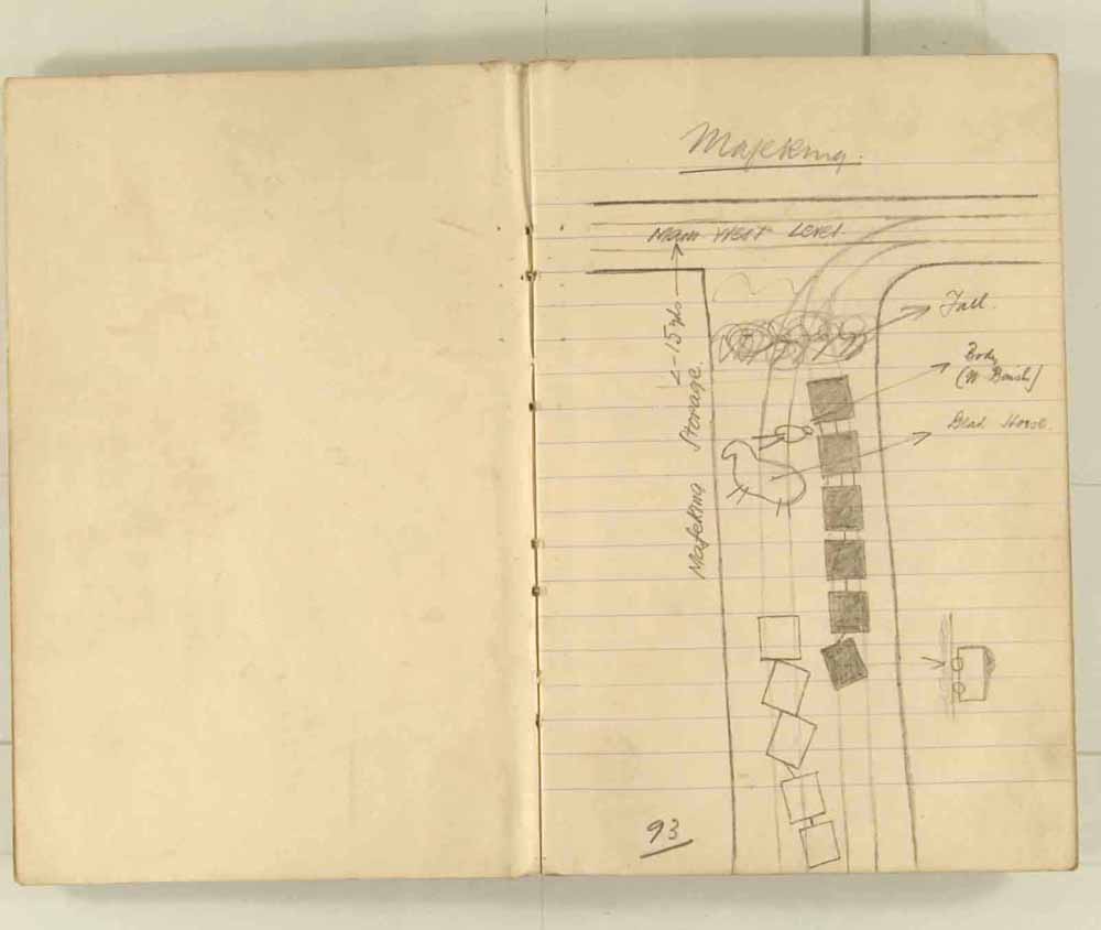 Notes made by the Inspector of Mines as he travelled around the devastated underground workings following the Senghenydd mine explosion on 14th October 1913 that killed 439 men. Courtesy of the National Coal Mining Museum for England [Notebook 1/2]