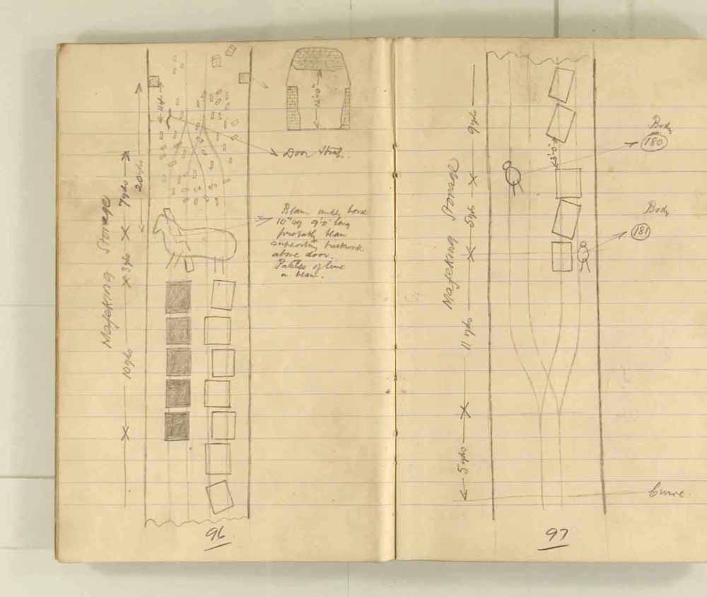 Notes made by the Inspector of Mines as he travelled around the devastated underground workings following the Senghenydd mine explosion on 14th October 1913 that killed 439 men. Courtesy of the National Coal Mining Museum for England [Notebook 1/2]