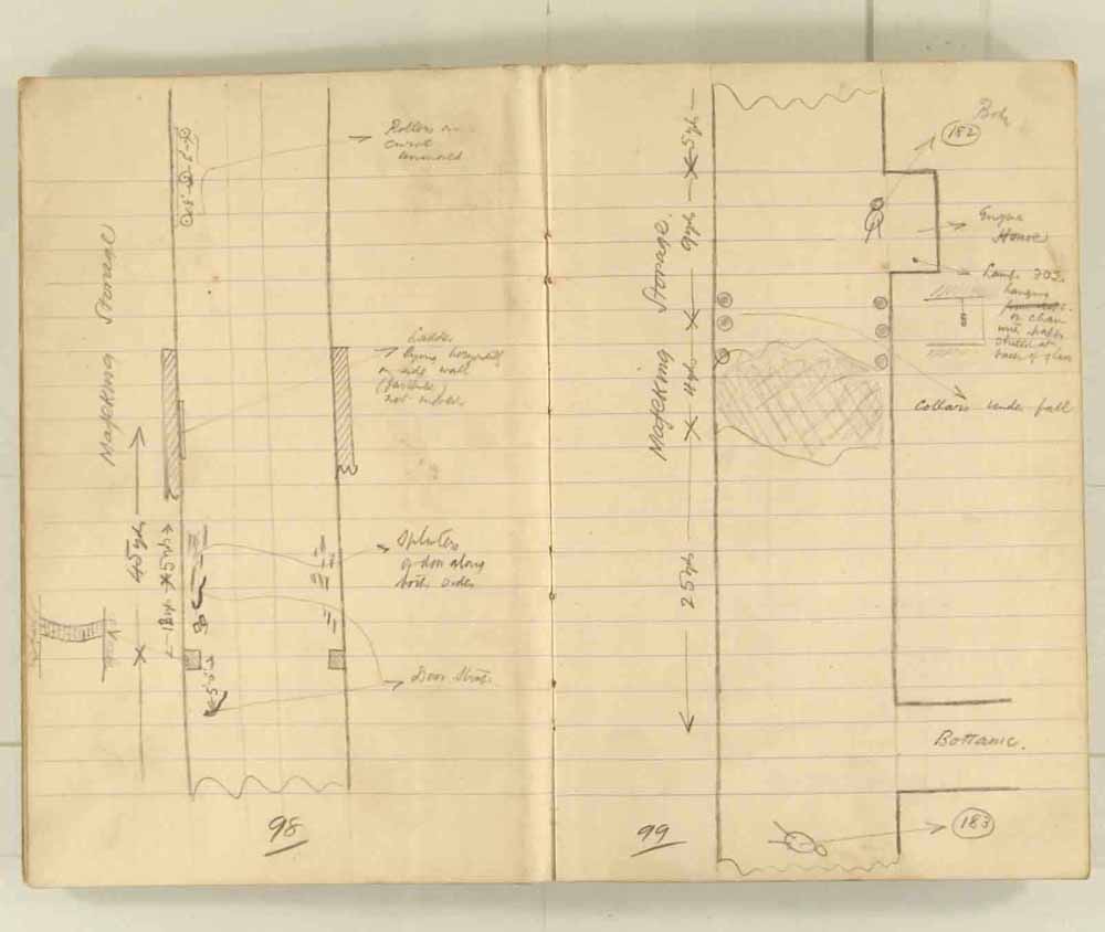 Notes made by the Inspector of Mines as he travelled around the devastated underground workings following the Senghenydd mine explosion on 14th October 1913 that killed 439 men. Courtesy of the National Coal Mining Museum for England [Notebook 1/2]