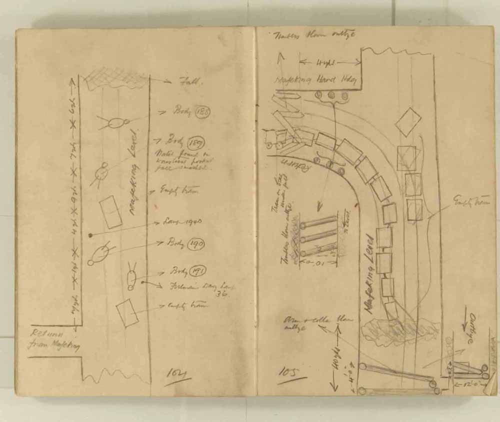 Notes made by the Inspector of Mines as he travelled around the devastated underground workings following the Senghenydd mine explosion on 14th October 1913 that killed 439 men. Courtesy of the National Coal Mining Museum for England [Notebook 1/2]