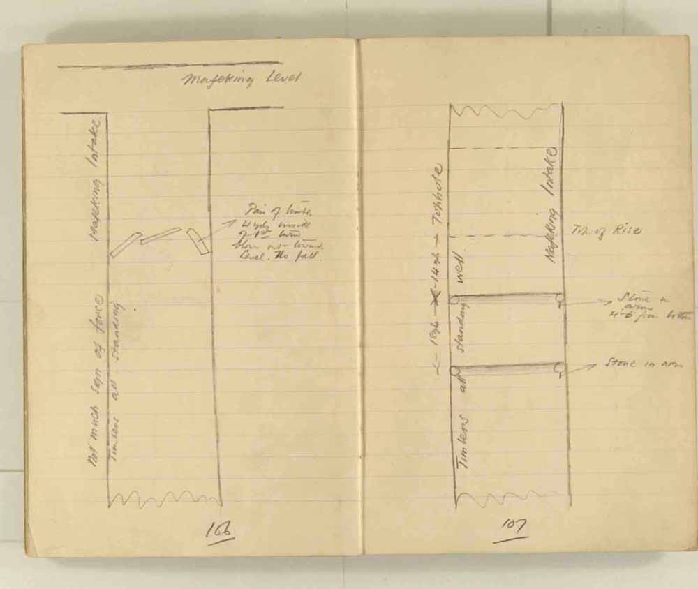 Notes made by the Inspector of Mines as he travelled around the devastated underground workings following the Senghenydd mine explosion on 14th October 1913 that killed 439 men. Courtesy of the National Coal Mining Museum for England [Notebook 1/2]