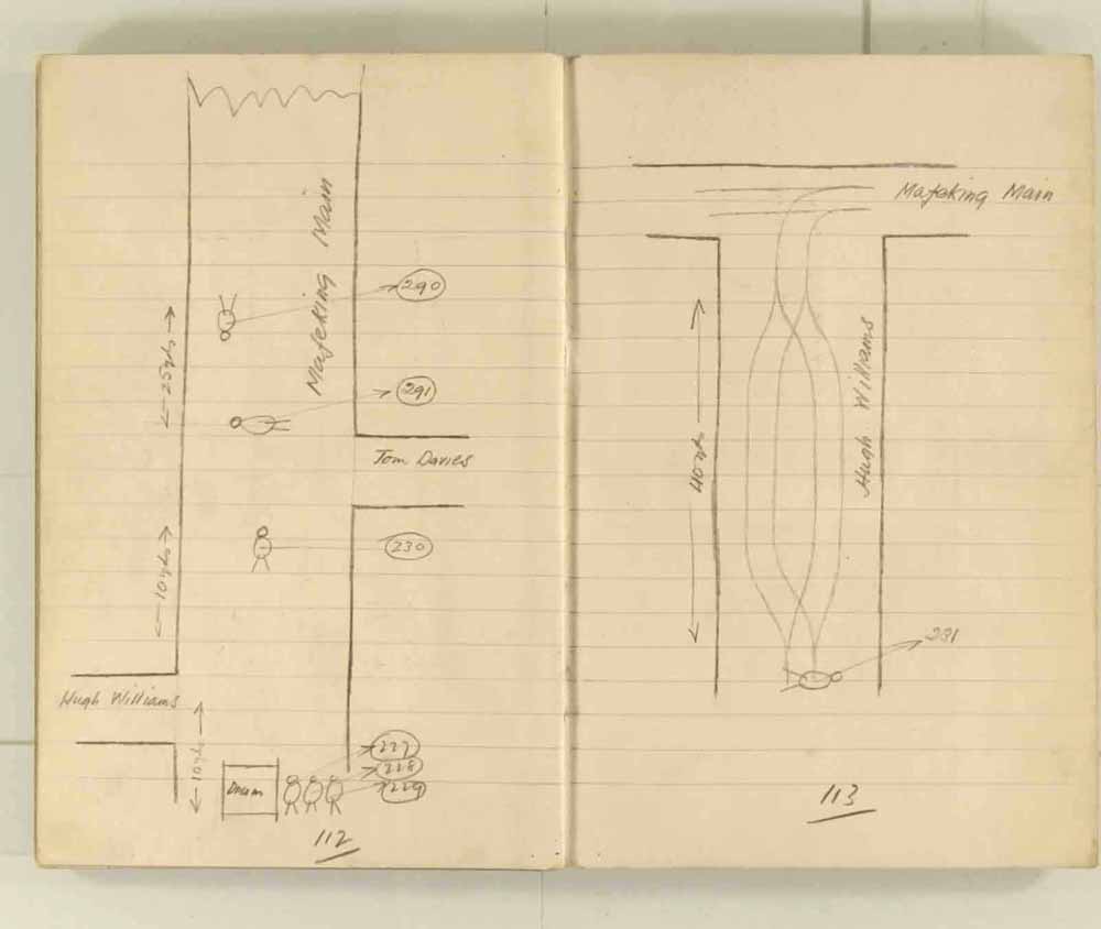 Notes made by the Inspector of Mines as he travelled around the devastated underground workings following the Senghenydd mine explosion on 14th October 1913 that killed 439 men. Courtesy of the National Coal Mining Museum for England [Notebook 1/2]