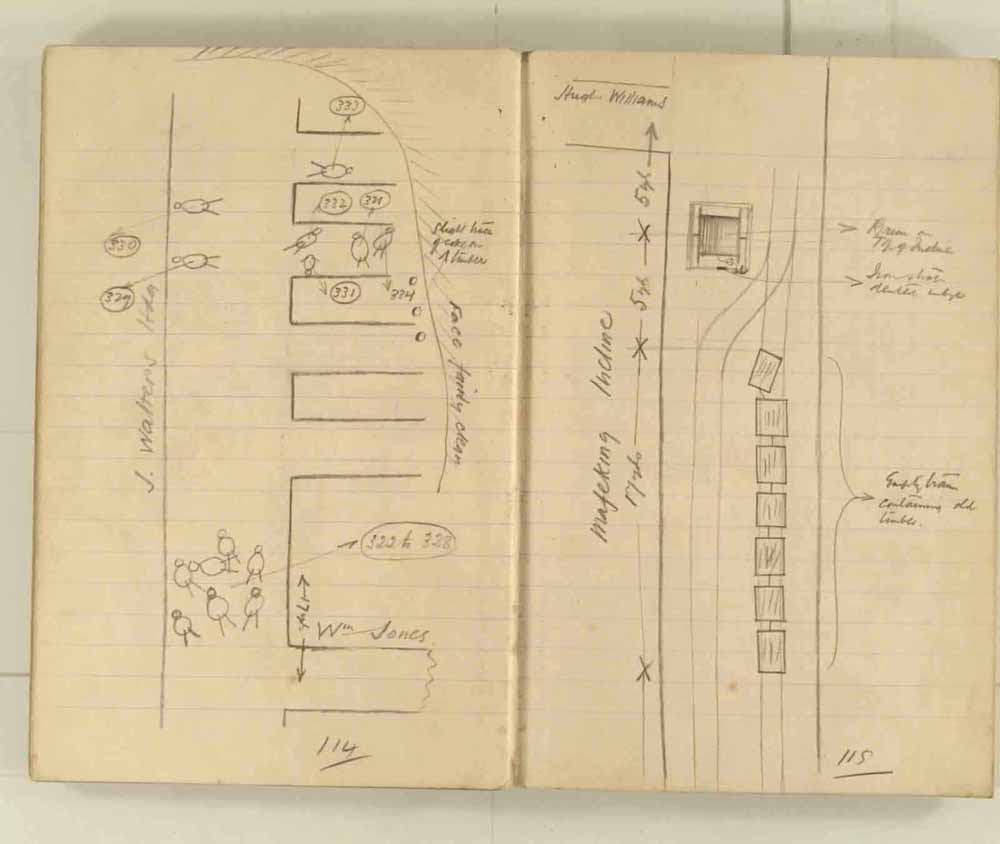 Notes made by the Inspector of Mines as he travelled around the devastated underground workings following the Senghenydd mine explosion on 14th October 1913 that killed 439 men. Courtesy of the National Coal Mining Museum for England [Notebook 1/2]