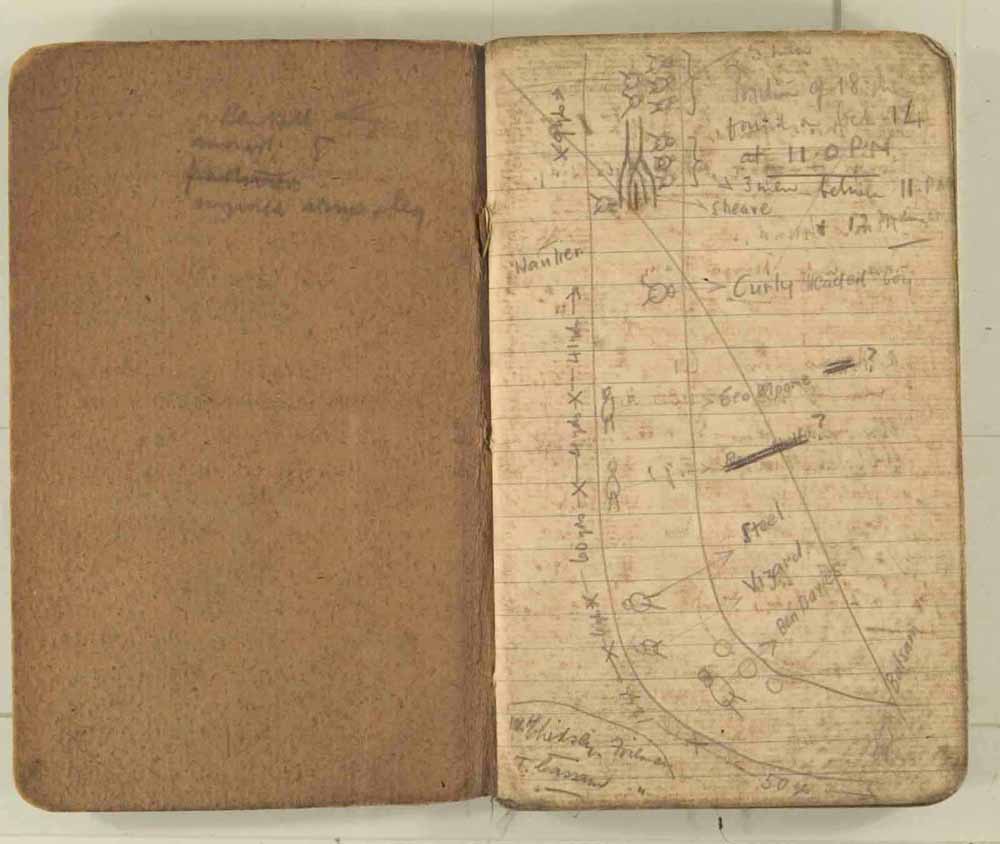 Notes made by the Inspector of Mines as he travelled around the devastated underground workings following the Senghenydd mine explosion on 14th October 1913 that killed 439 men. Courtesy of the National Coal Mining Museum for England [Notebook 3/4]