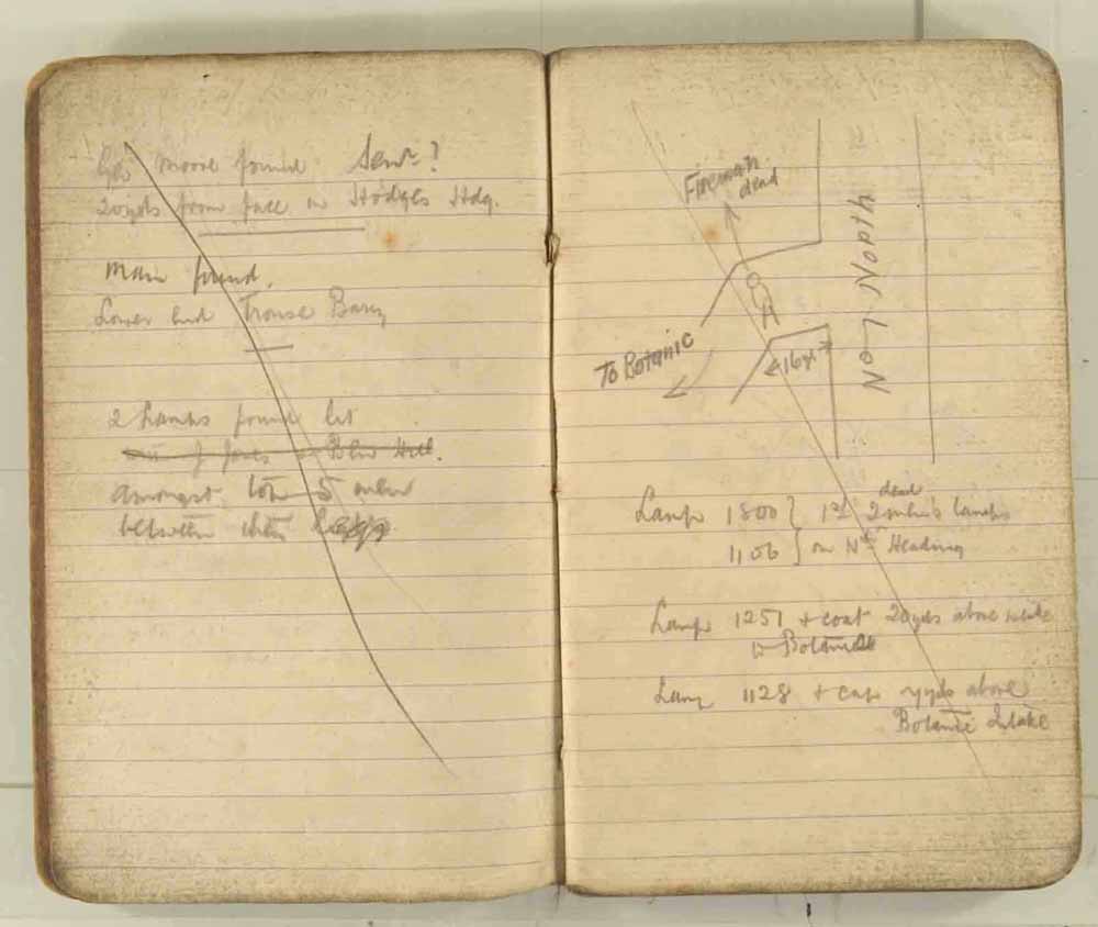 Notes made by the Inspector of Mines as he travelled around the devastated underground workings following the Senghenydd mine explosion on 14th October 1913 that killed 439 men. Courtesy of the National Coal Mining Museum for England [Notebook 3/4]