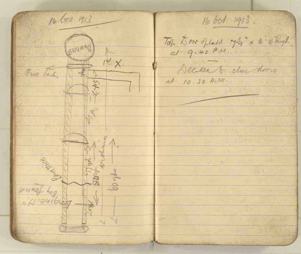 Notes made by the Inspector of Mines as he travelled around the devastated underground workings following the Senghenydd mine explosion on 14th October 1913 that killed 439 men. Courtesy of the National Coal Mining Museum for England [Notebook 3/4]