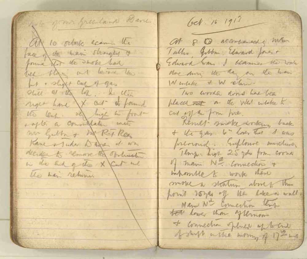 Notes made by the Inspector of Mines as he travelled around the devastated underground workings following the Senghenydd mine explosion on 14th October 1913 that killed 439 men. Courtesy of the National Coal Mining Museum for England [Notebook 3/4]