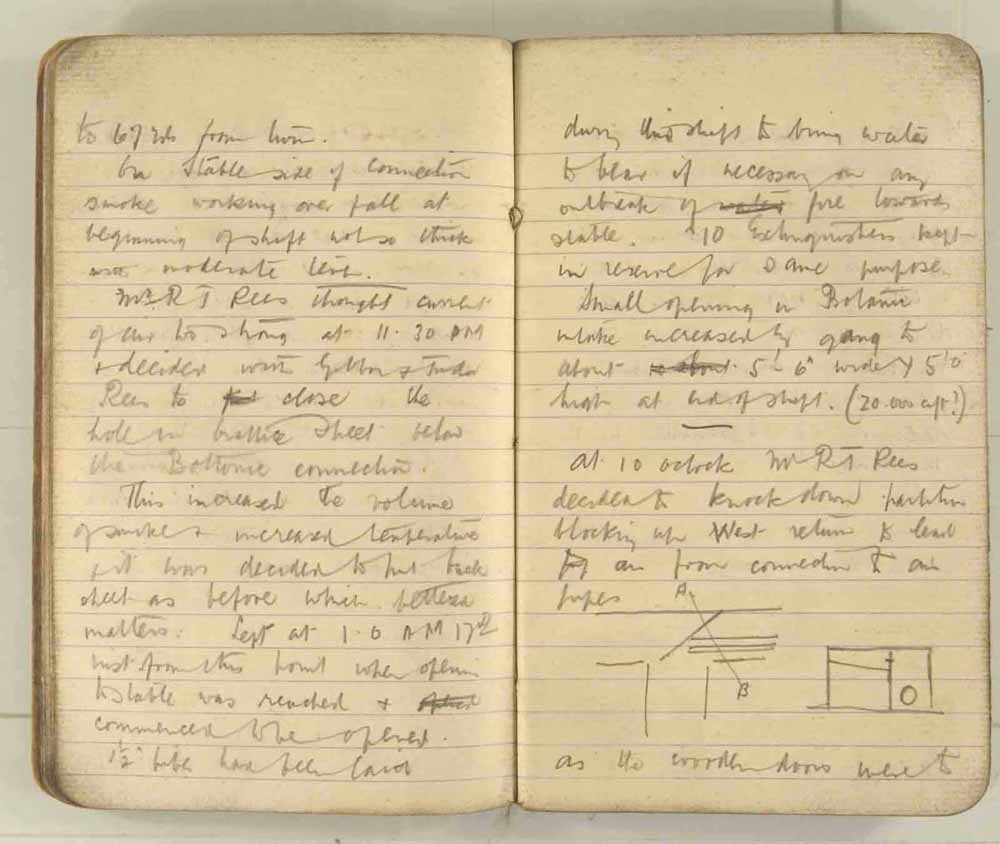 Notes made by the Inspector of Mines as he travelled around the devastated underground workings following the Senghenydd mine explosion on 14th October 1913 that killed 439 men. Courtesy of the National Coal Mining Museum for England [Notebook 3/4]