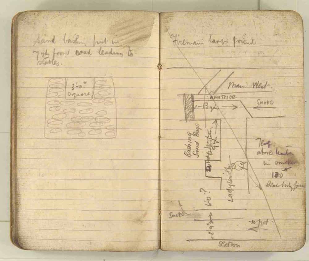 Notes made by the Inspector of Mines as he travelled around the devastated underground workings following the Senghenydd mine explosion on 14th October 1913 that killed 439 men. Courtesy of the National Coal Mining Museum for England [Notebook 3/4]