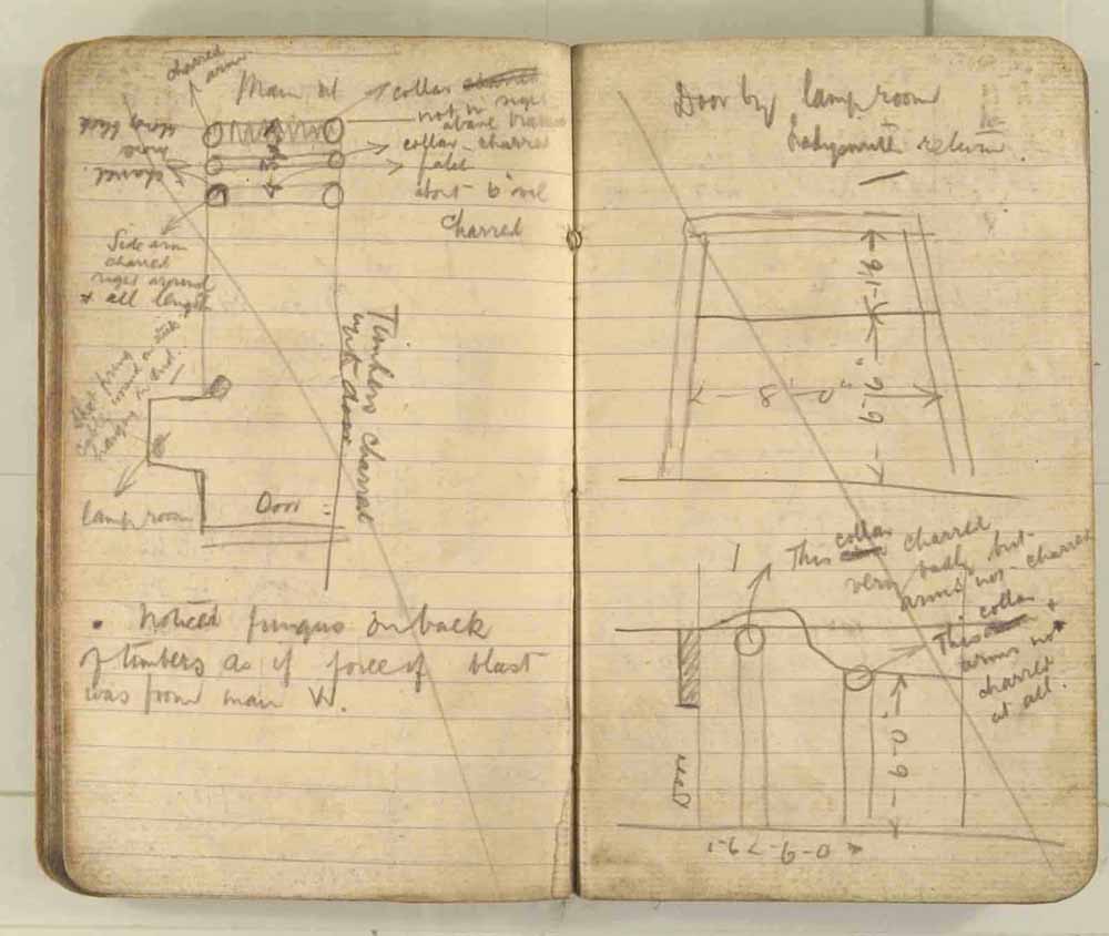 Notes made by the Inspector of Mines as he travelled around the devastated underground workings following the Senghenydd mine explosion on 14th October 1913 that killed 439 men. Courtesy of the National Coal Mining Museum for England [Notebook 3/4]