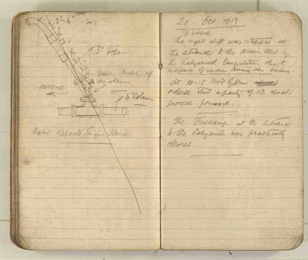 Notes made by the Inspector of Mines as he travelled around the devastated underground workings following the Senghenydd mine explosion on 14th October 1913 that killed 439 men. Courtesy of the National Coal Mining Museum for England [Notebook 3/4]