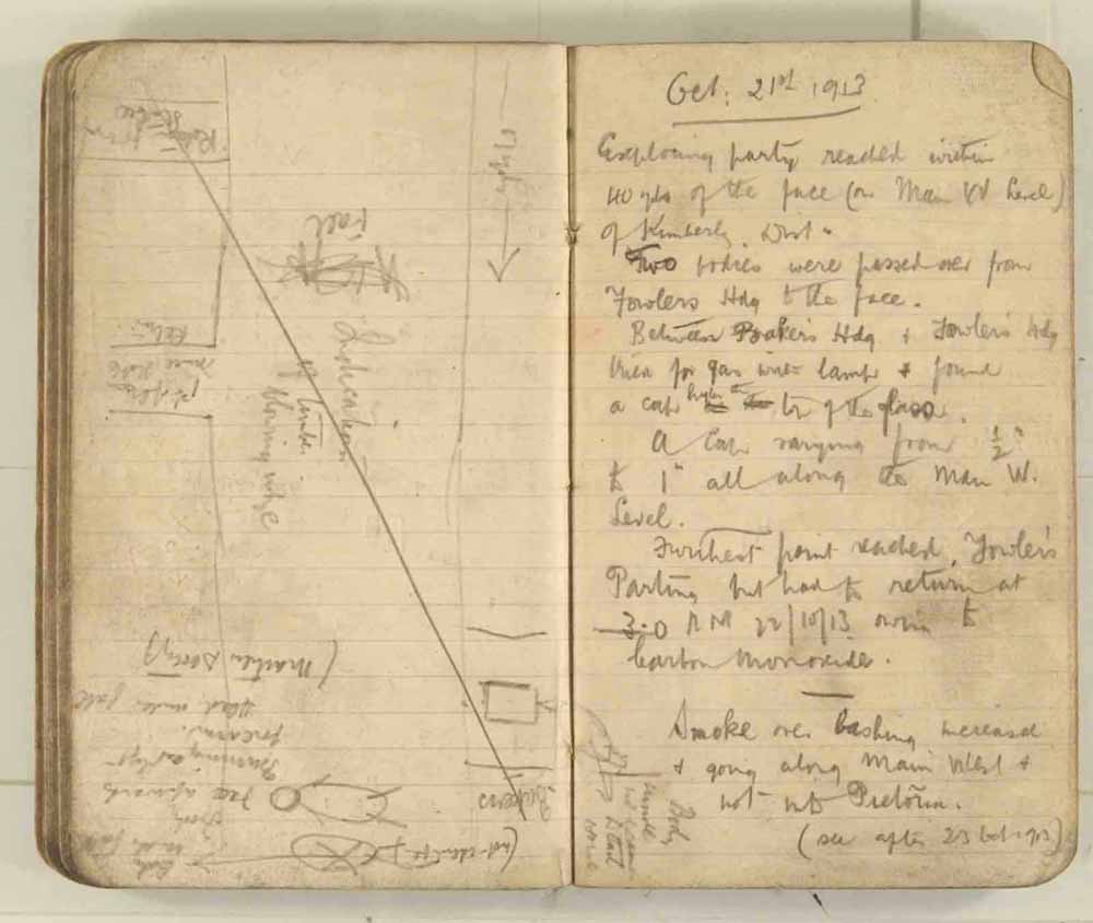 Notes made by the Inspector of Mines as he travelled around the devastated underground workings following the Senghenydd mine explosion on 14th October 1913 that killed 439 men. Courtesy of the National Coal Mining Museum for England [Notebook 3/4]