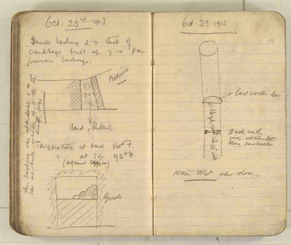 Notes made by the Inspector of Mines as he travelled around the devastated underground workings following the Senghenydd mine explosion on 14th October 1913 that killed 439 men. Courtesy of the National Coal Mining Museum for England [Notebook 3/4]