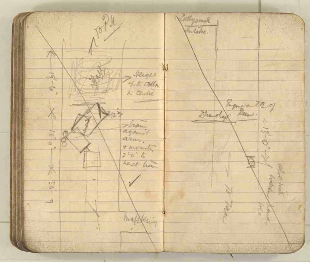 Notes made by the Inspector of Mines as he travelled around the devastated underground workings following the Senghenydd mine explosion on 14th October 1913 that killed 439 men. Courtesy of the National Coal Mining Museum for England [Notebook 3/4]