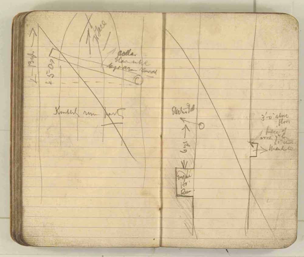 Notes made by the Inspector of Mines as he travelled around the devastated underground workings following the Senghenydd mine explosion on 14th October 1913 that killed 439 men. Courtesy of the National Coal Mining Museum for England [Notebook 3/4]