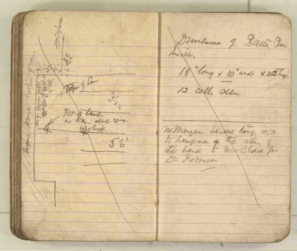 Notes made by the Inspector of Mines as he travelled around the devastated underground workings following the Senghenydd mine explosion on 14th October 1913 that killed 439 men. Courtesy of the National Coal Mining Museum for England [Notebook 3/4]