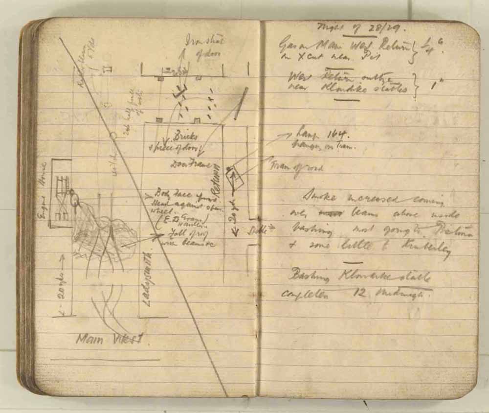 Notes made by the Inspector of Mines as he travelled around the devastated underground workings following the Senghenydd mine explosion on 14th October 1913 that killed 439 men. Courtesy of the National Coal Mining Museum for England [Notebook 3/4]