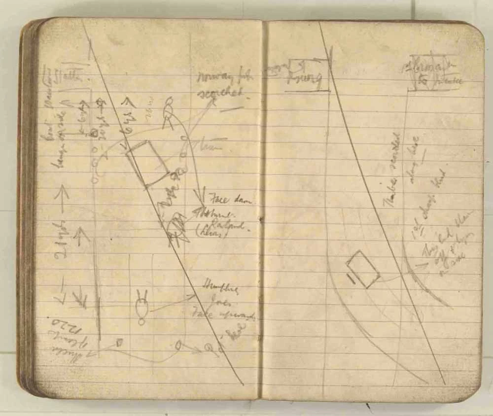 Notes made by the Inspector of Mines as he travelled around the devastated underground workings following the Senghenydd mine explosion on 14th October 1913 that killed 439 men. Courtesy of the National Coal Mining Museum for England [Notebook 3/4]