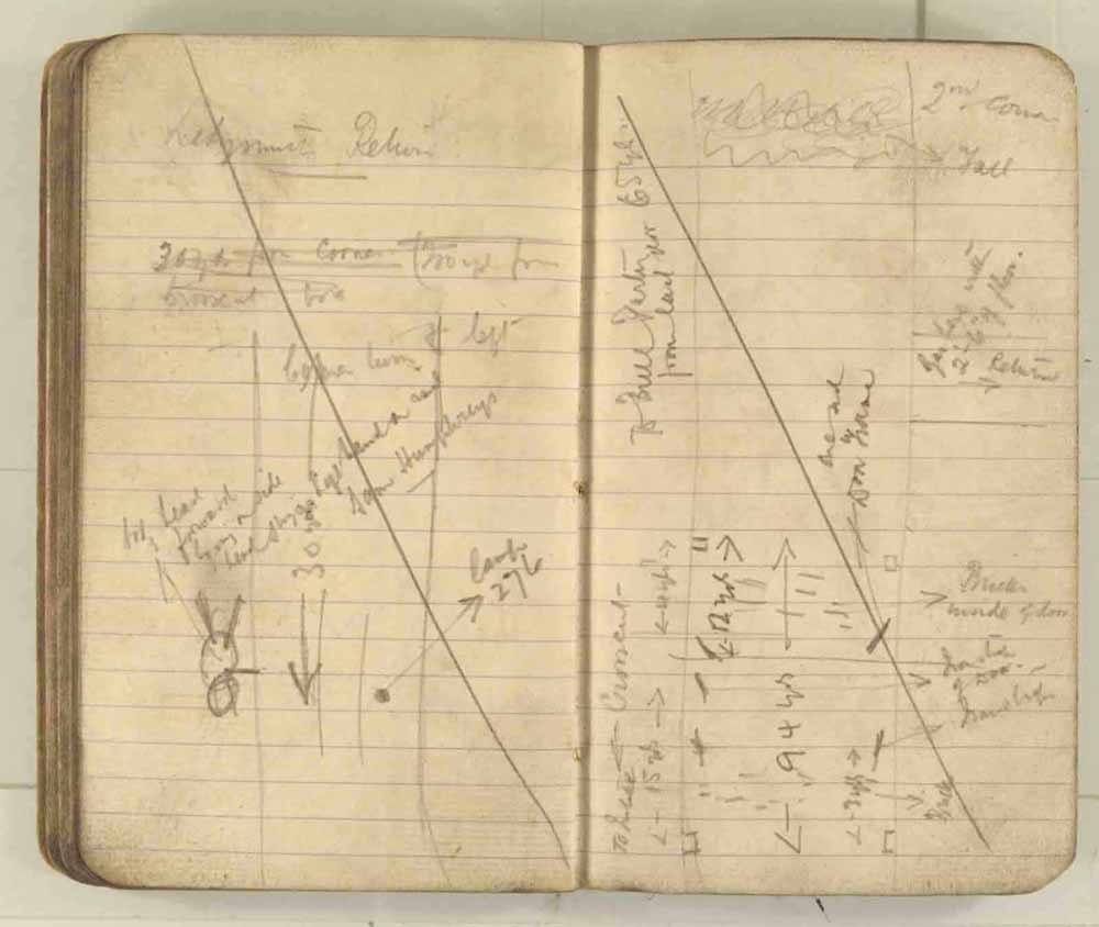 Notes made by the Inspector of Mines as he travelled around the devastated underground workings following the Senghenydd mine explosion on 14th October 1913 that killed 439 men. Courtesy of the National Coal Mining Museum for England [Notebook 3/4]