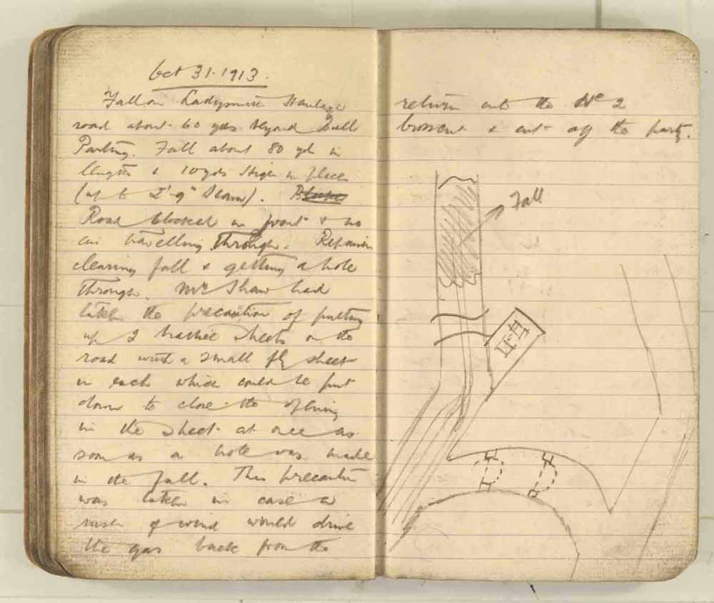 Notes made by the Inspector of Mines as he travelled around the devastated underground workings following the Senghenydd mine explosion on 14th October 1913 that killed 439 men. Courtesy of the National Coal Mining Museum for England [Notebook 3/4]