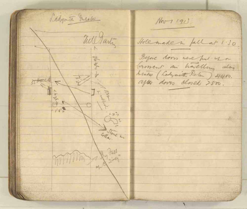 Notes made by the Inspector of Mines as he travelled around the devastated underground workings following the Senghenydd mine explosion on 14th October 1913 that killed 439 men. Courtesy of the National Coal Mining Museum for England [Notebook 3/4]