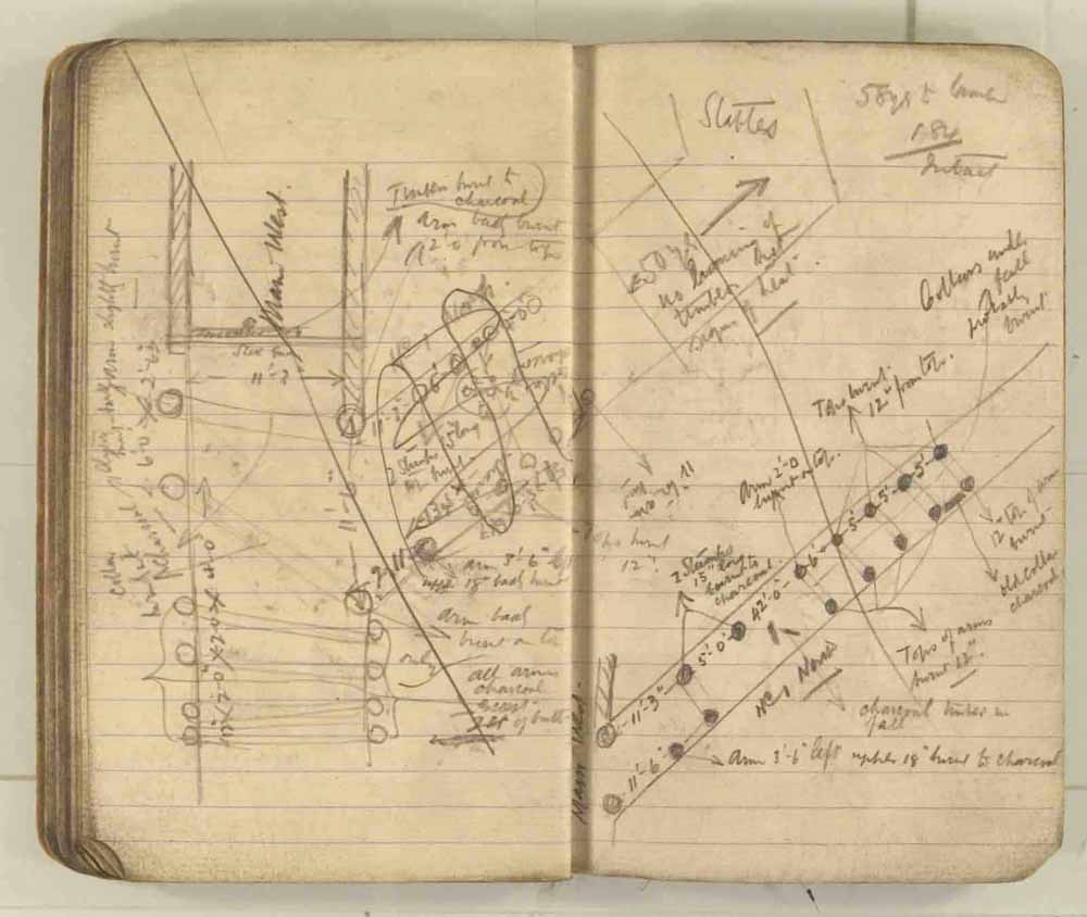 Notes made by the Inspector of Mines as he travelled around the devastated underground workings following the Senghenydd mine explosion on 14th October 1913 that killed 439 men. Courtesy of the National Coal Mining Museum for England [Notebook 3/4]