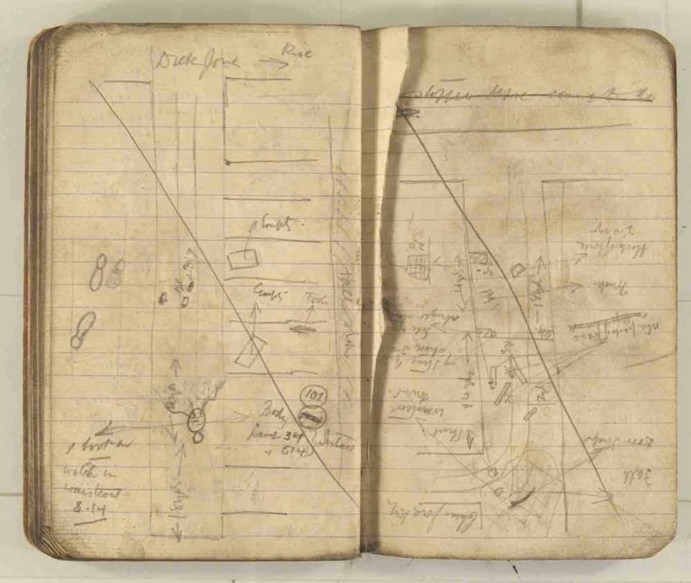 Notes made by the Inspector of Mines as he travelled around the devastated underground workings following the Senghenydd mine explosion on 14th October 1913 that killed 439 men. Courtesy of the National Coal Mining Museum for England [Notebook 3/4]