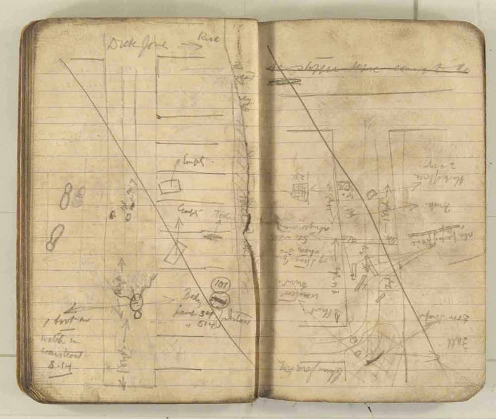 Notes made by the Inspector of Mines as he travelled around the devastated underground workings following the Senghenydd mine explosion on 14th October 1913 that killed 439 men. Courtesy of the National Coal Mining Museum for England [Notebook 3/4]