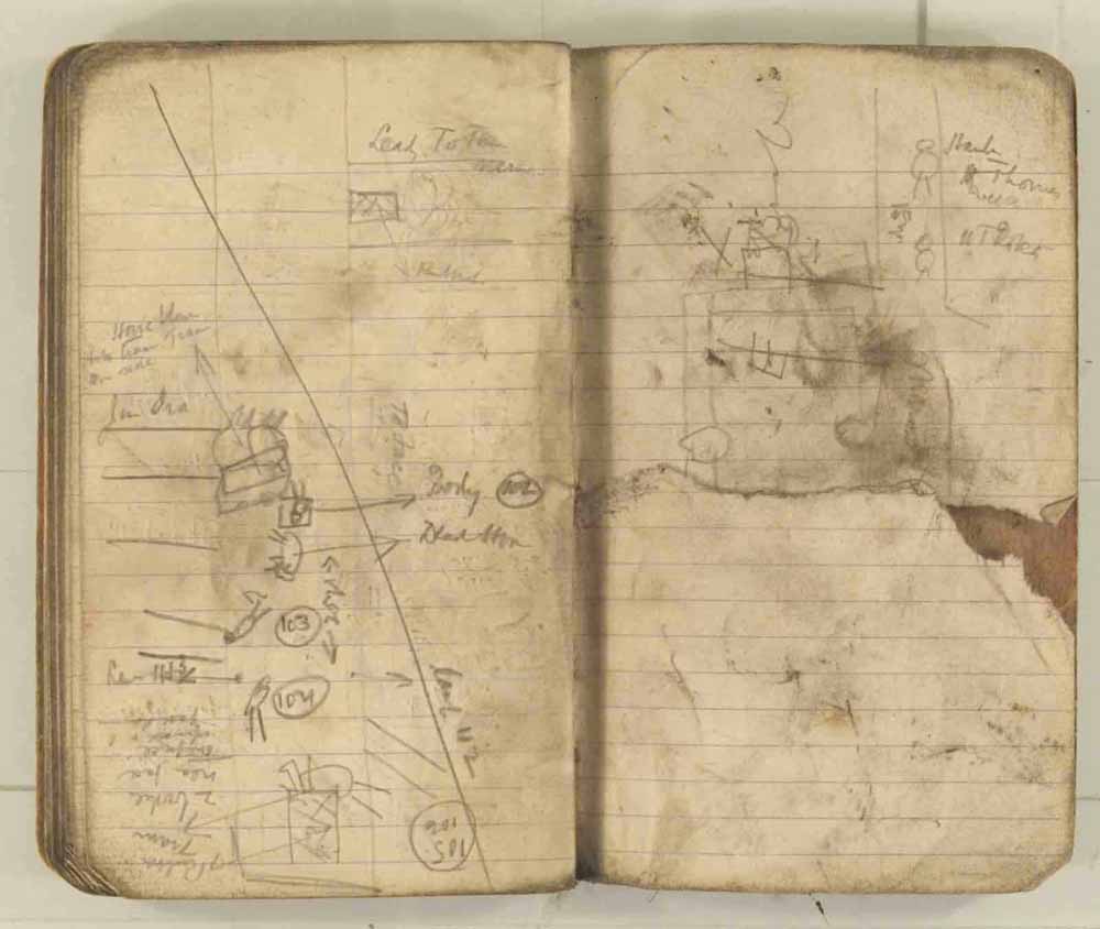 Notes made by the Inspector of Mines as he travelled around the devastated underground workings following the Senghenydd mine explosion on 14th October 1913 that killed 439 men. Courtesy of the National Coal Mining Museum for England [Notebook 3/4]