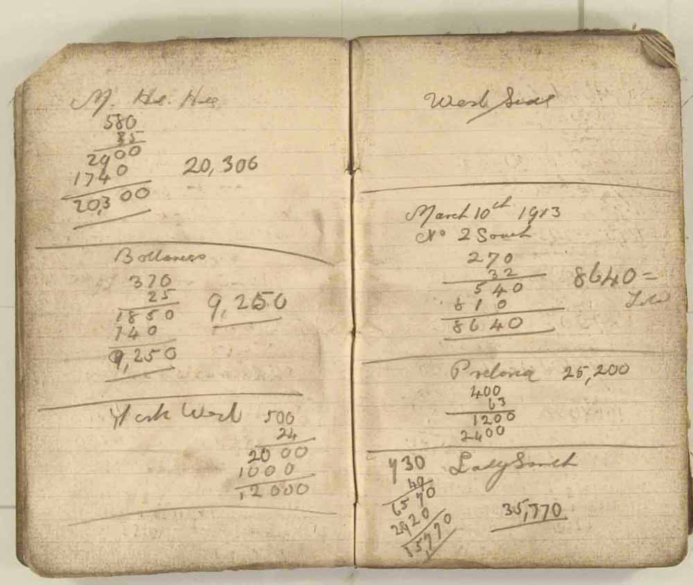 Notes made by the Inspector of Mines as he travelled around the devastated underground workings following the Senghenydd mine explosion on 14th October 1913 that killed 439 men. Courtesy of the National Coal Mining Museum for England [Notebook 3/4]