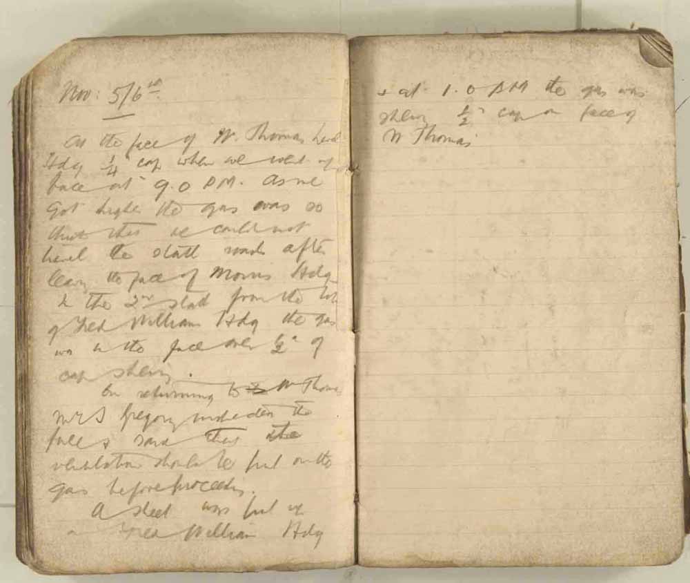 Notes made by the Inspector of Mines as he travelled around the devastated underground workings following the Senghenydd mine explosion on 14th October 1913 that killed 439 men. Courtesy of the National Coal Mining Museum for England [Notebook 3/4]