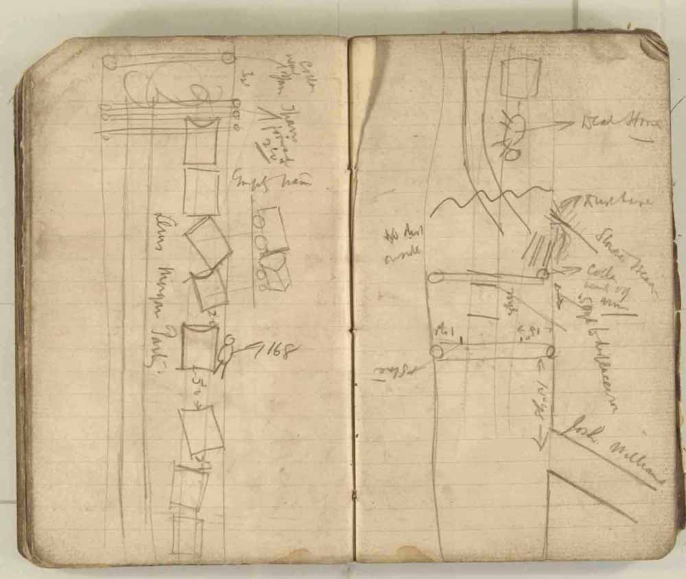 Notes made by the Inspector of Mines as he travelled around the devastated underground workings following the Senghenydd mine explosion on 14th October 1913 that killed 439 men. Courtesy of the National Coal Mining Museum for England [Notebook 3/4]