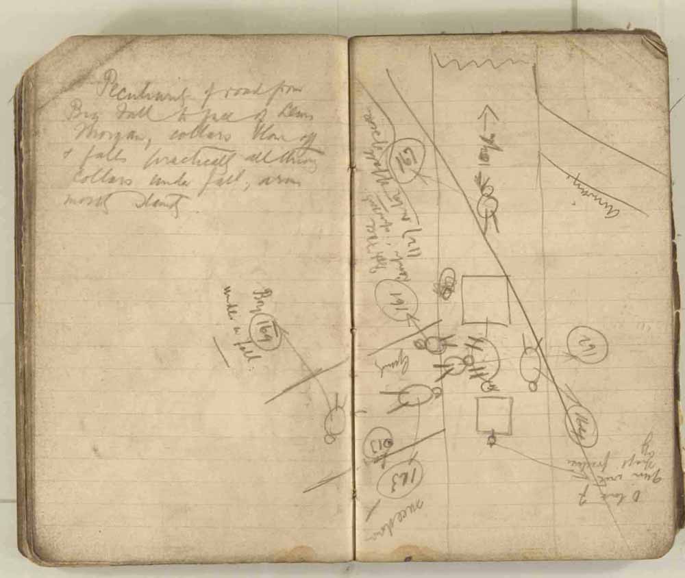 Notes made by the Inspector of Mines as he travelled around the devastated underground workings following the Senghenydd mine explosion on 14th October 1913 that killed 439 men. Courtesy of the National Coal Mining Museum for England [Notebook 3/4]