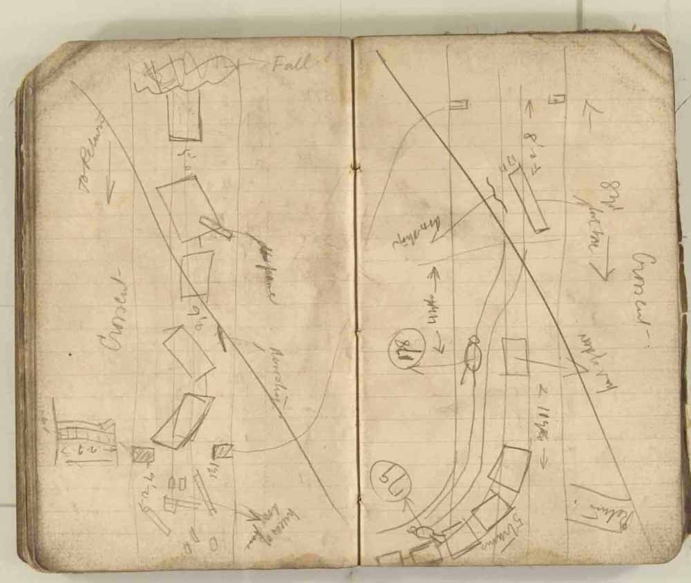 Notes made by the Inspector of Mines as he travelled around the devastated underground workings following the Senghenydd mine explosion on 14th October 1913 that killed 439 men. Courtesy of the National Coal Mining Museum for England [Notebook 3/4]