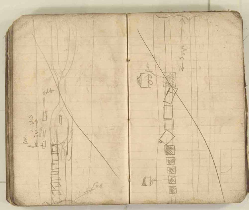 Notes made by the Inspector of Mines as he travelled around the devastated underground workings following the Senghenydd mine explosion on 14th October 1913 that killed 439 men. Courtesy of the National Coal Mining Museum for England [Notebook 3/4]